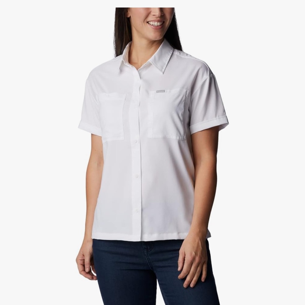 Columbia White Short Sleeve Shirt Omni-Shade Broad Spectrum UPF 50 sun protector